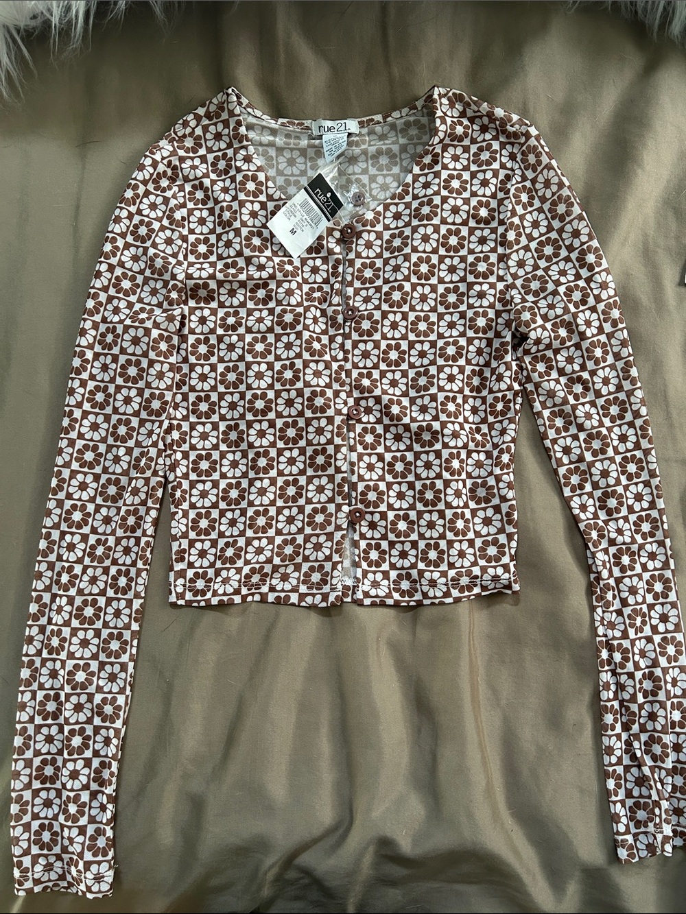Rue21 Brown and White Floral Check Long Sleeve Button Cardigan